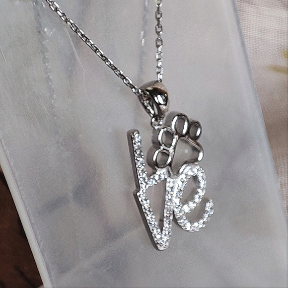 Sterling Silver 925 Pave Cubic Zirconia Clear Pet Paw LOVE Pendant Necklace NWOT - Picture 2 of 7